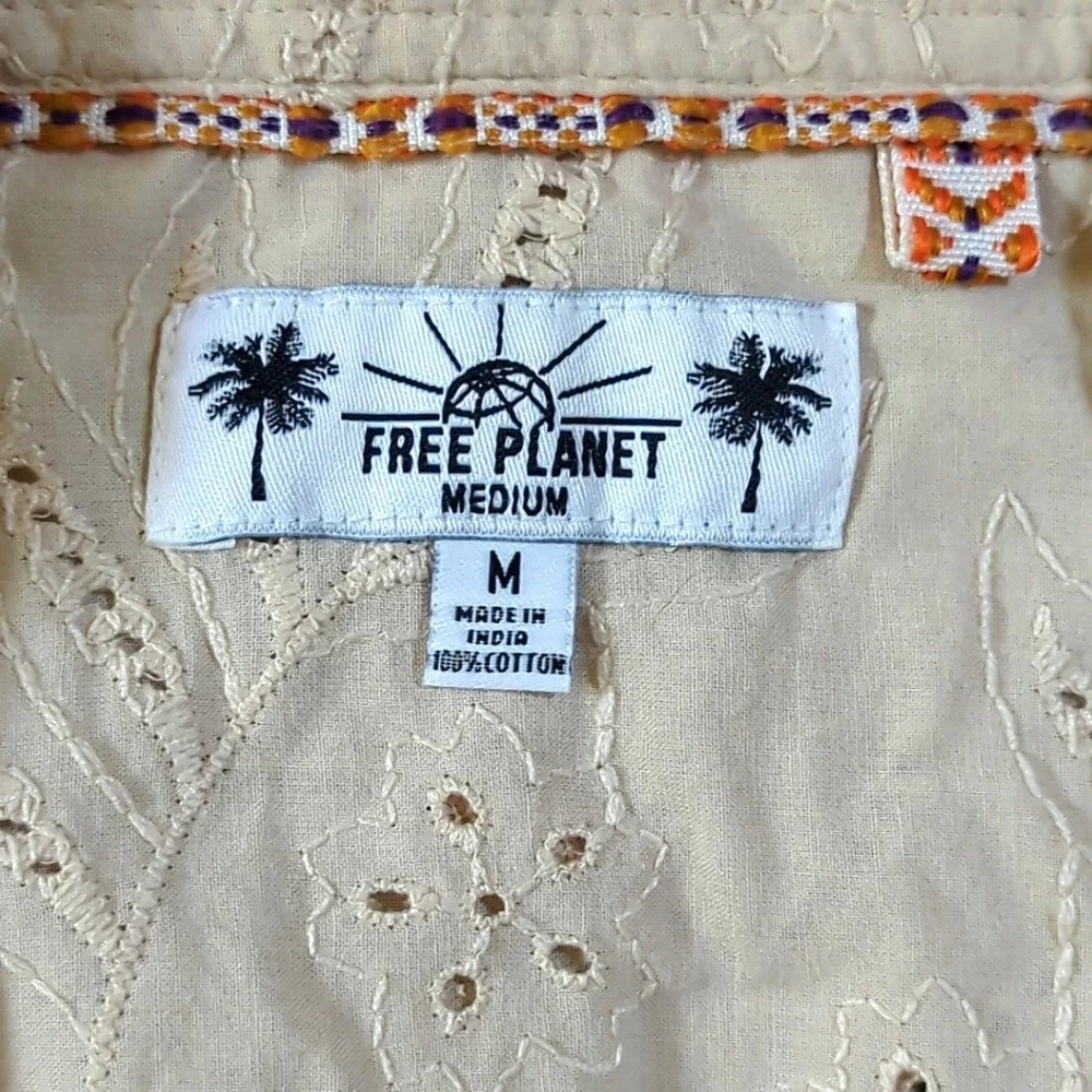 Free Planet Mens Cream Eyelet Embroidered Cotton Short Sleeve Shirt Medium - Picture 3 of 8
